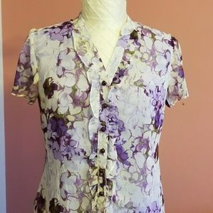 Petite Lavender Purple Flower Sheer Ruffle Blouse